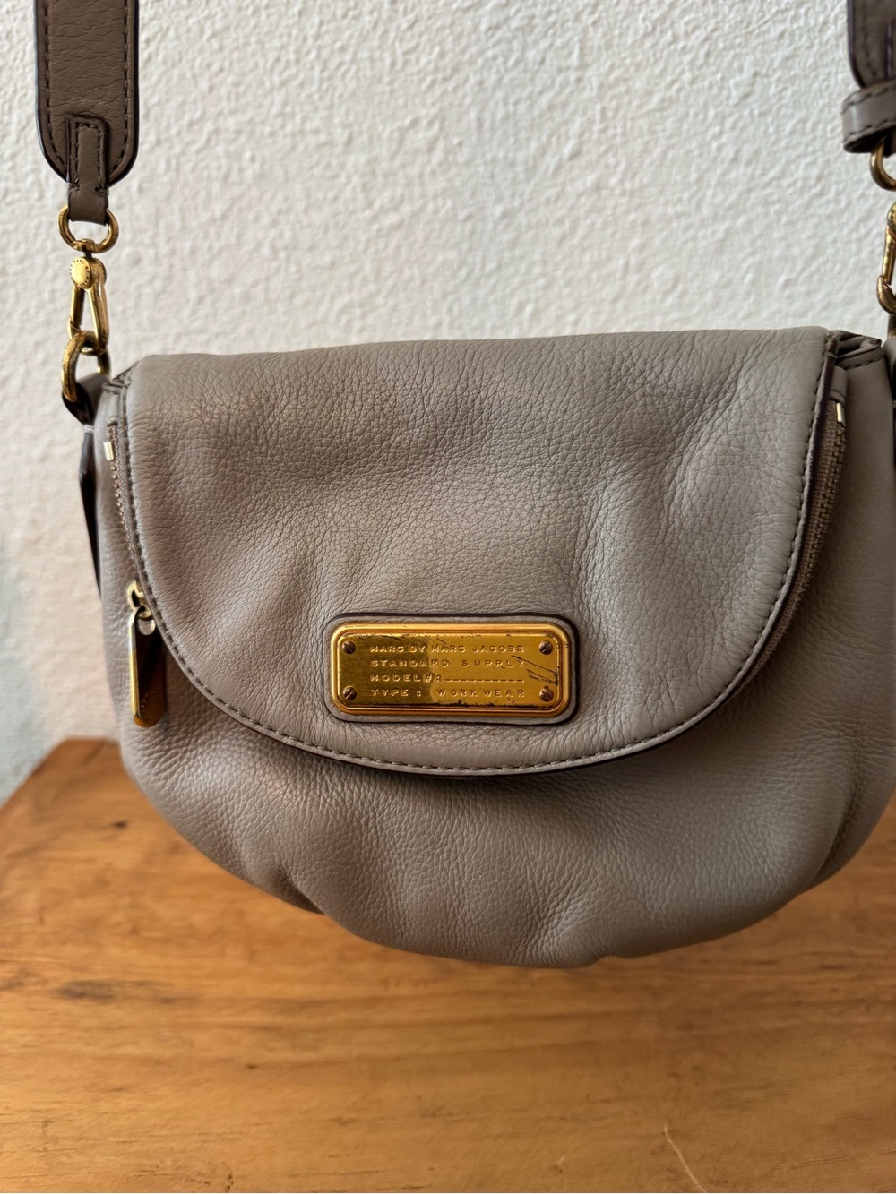 Marc by Marc Jacobs Taupe Pebbled Leather Crossbody with Gold Plaque